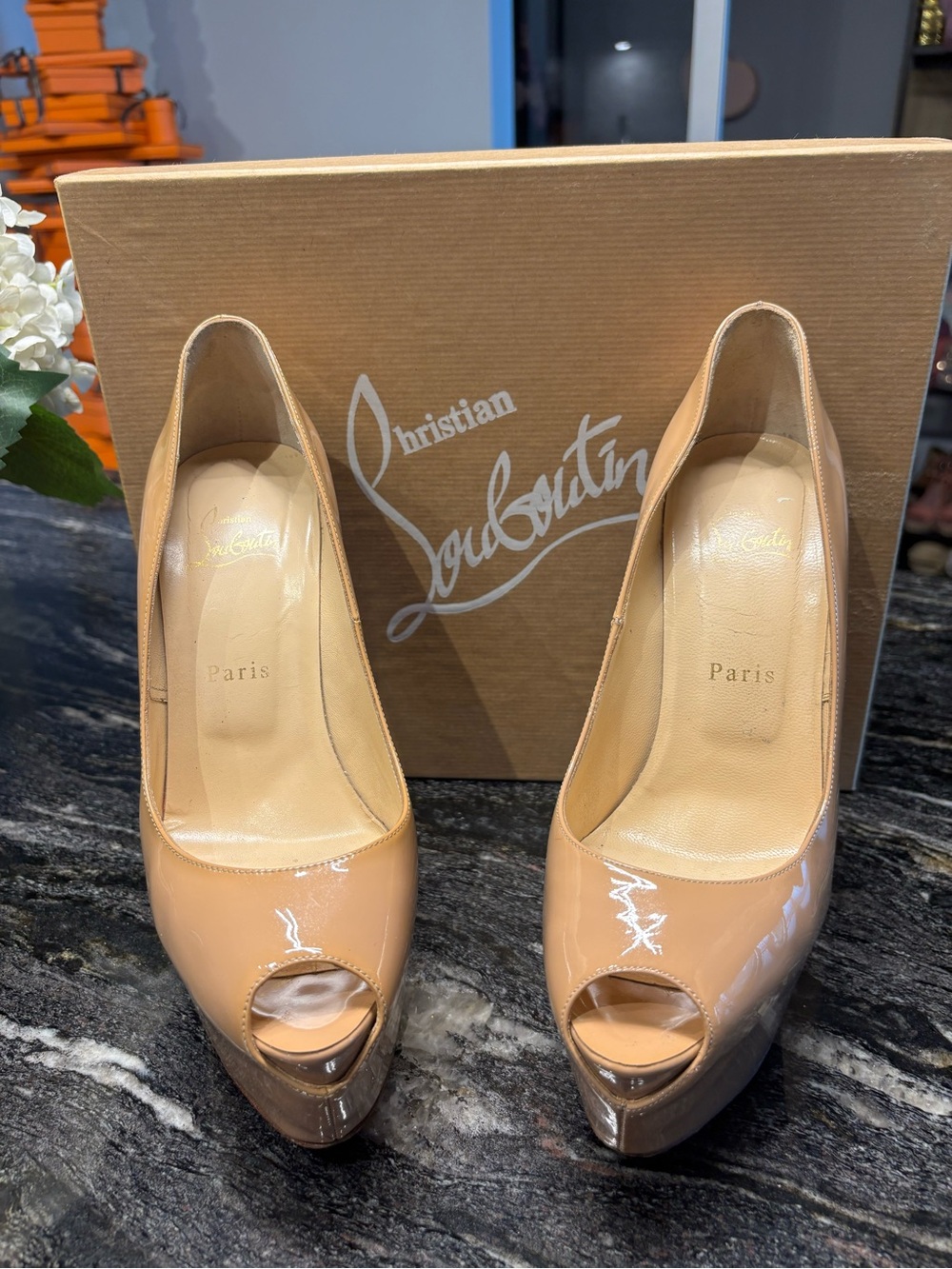 Christian Louboutin Patent Peep-Toe Platform Pumps in Nude